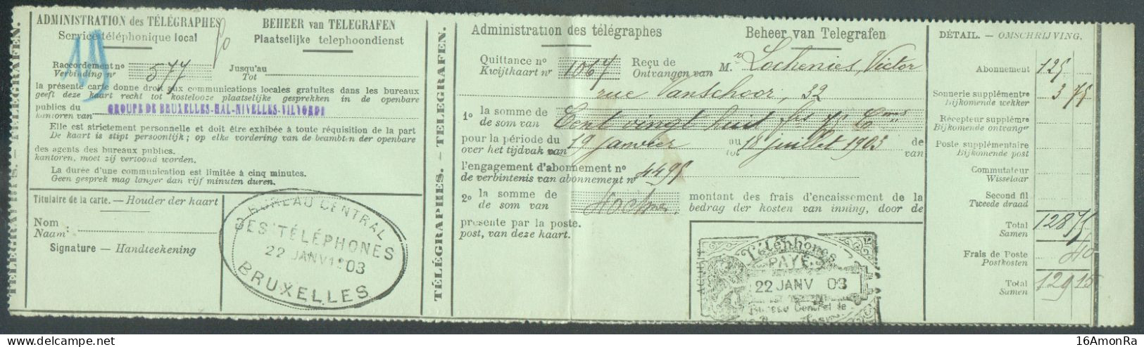 20c. Fines Barbes (paire) Obl. Sc BRUXELLES QUITTANCES-DEPOT 22 Janv. 1903  Au Verso D'un Coupon Complet (129,15 Frs) De - Timbres Téléphones [TE]