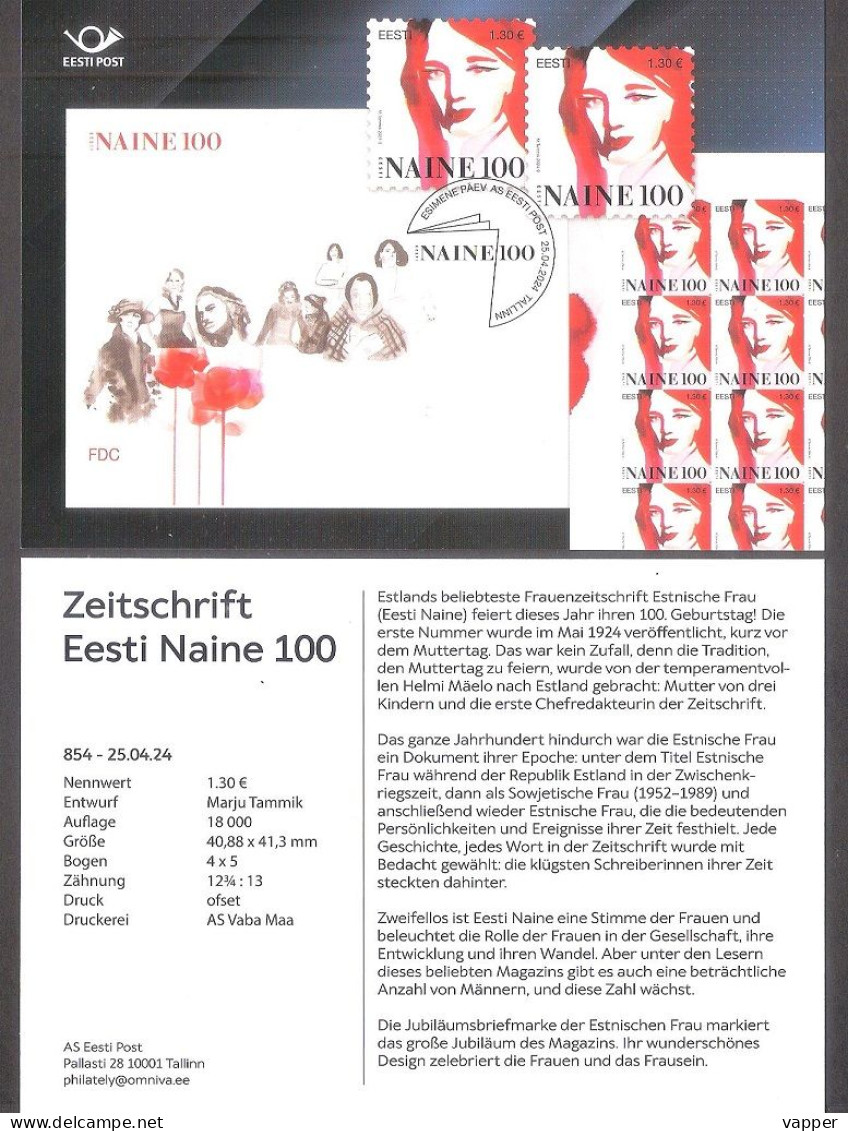 The Magazine Eesti Naine 100 Estonia 2024 Stamp Presentation Card (ger) Mi 1102 - Estland