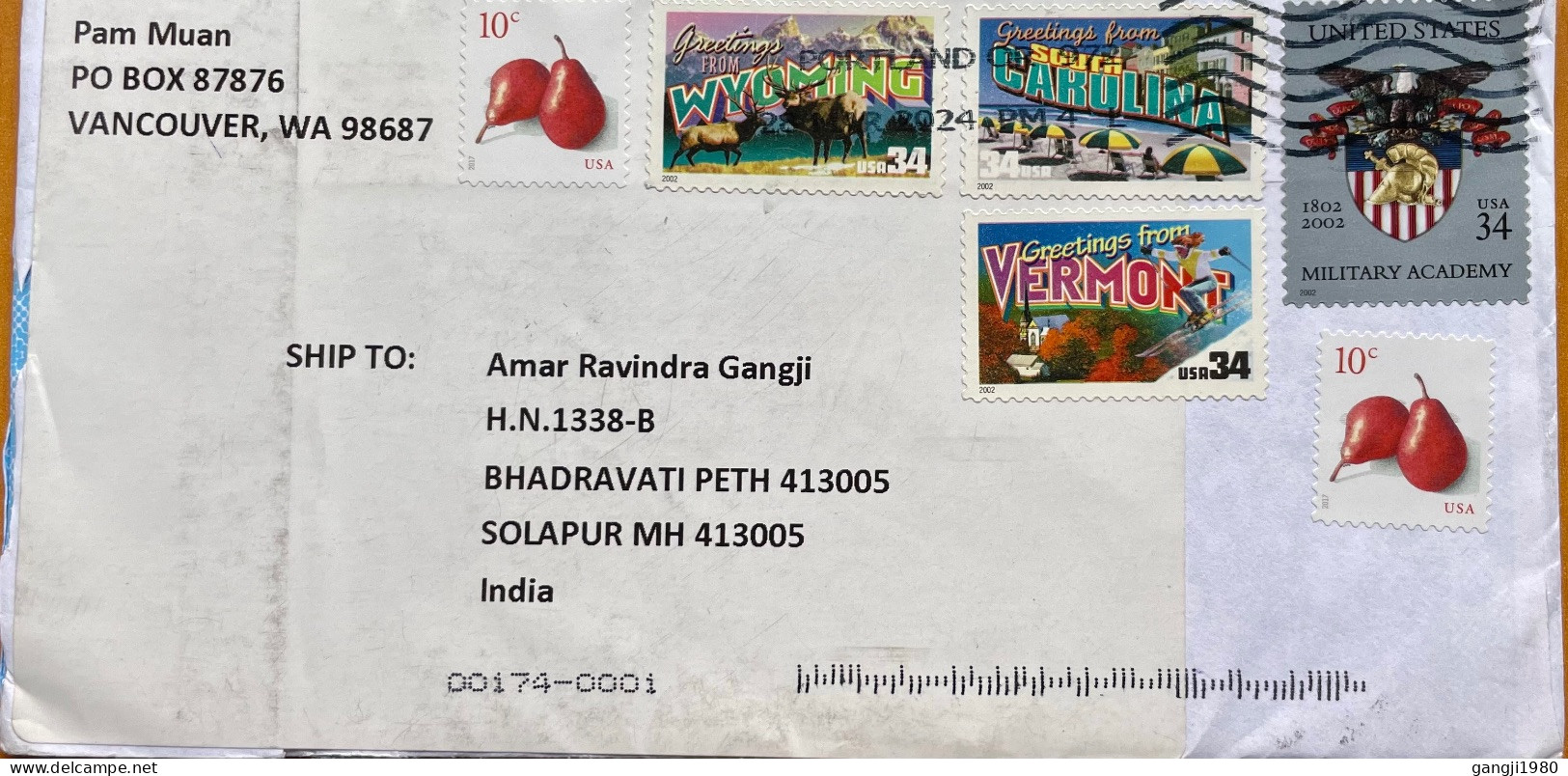 USA 2024, COVER USED TO INDIA, MILITARY ACADEMY, VERMONT, WYOMING, CAROLINA, FRUIT 6 STAMP, VANCOUVER & SOLAPUR CITY CAN - Briefe U. Dokumente