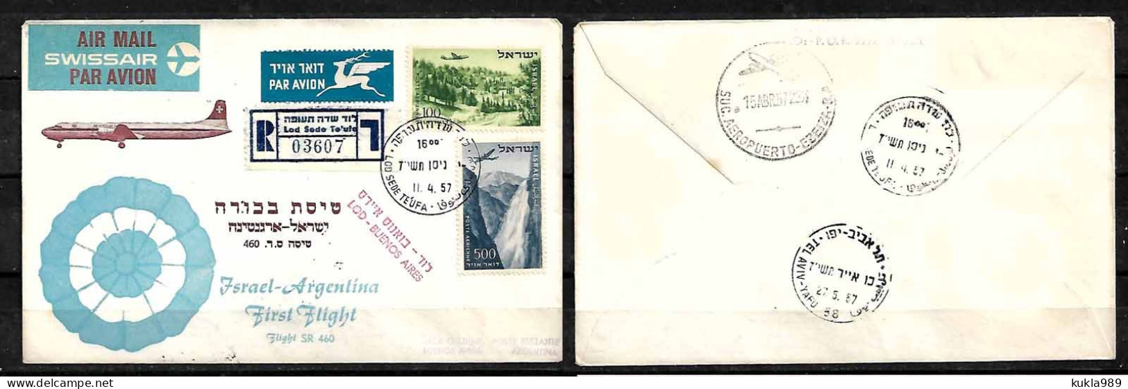 ISRAEL STAMPS. 1957 FIRST FLIGHT TO ARGENTINA BY SWISSAIR REG. COVER - FDC