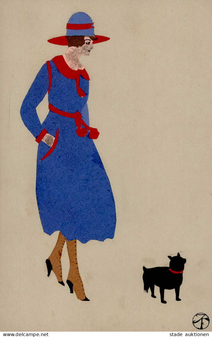 Handgemacht Papier-Collage Frau Mit Hund I-II Chien - Sonstige & Ohne Zuordnung