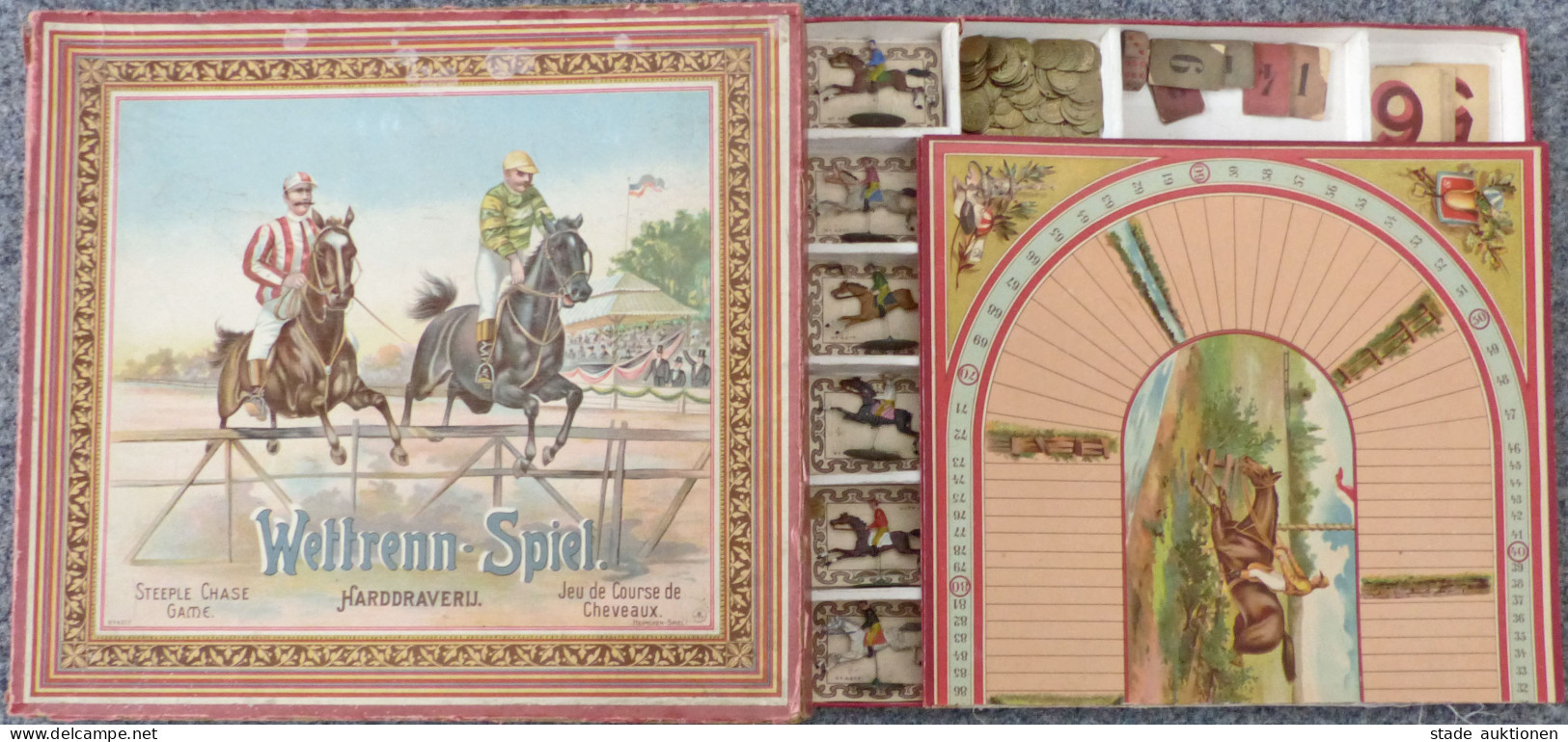 Spielzeug Wettrenn-Spiel Von Heimchen-Spiel 1902, Mit Original-Schachtel Und Anleitung, Alle Pferde Und Spielgeld Vorhan - Jeux Et Jouets