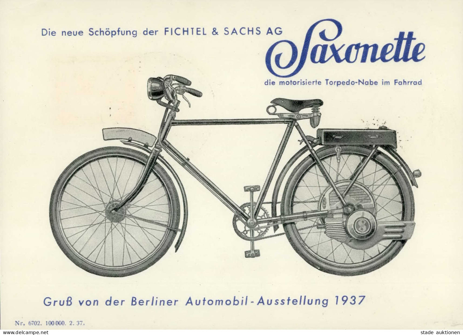 Werbung Fichtel U. Sachs Saxonette Berliner Automobil-Ausstellung 1937 S-o I-II Expo Publicite - Advertising