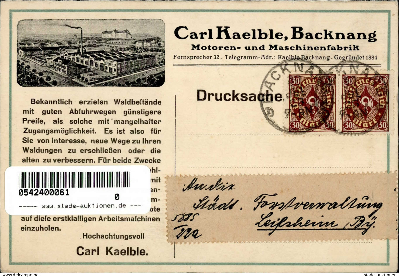 Werbung Backnang Motoren- U. Maschinenfabrik Carl Kaelble I-II Publicite - Werbepostkarten