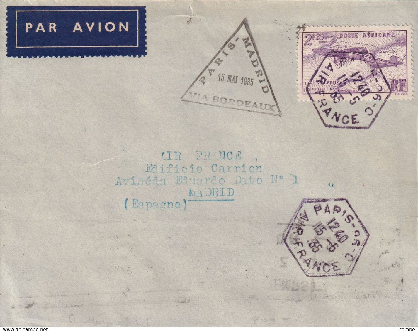 LETTRE. 15 5 35. PA N° 7 SEUL. PARIS AIR FRANCE. PAR AVION. PARIS-MADRID-BORDEAUX - Briefe U. Dokumente