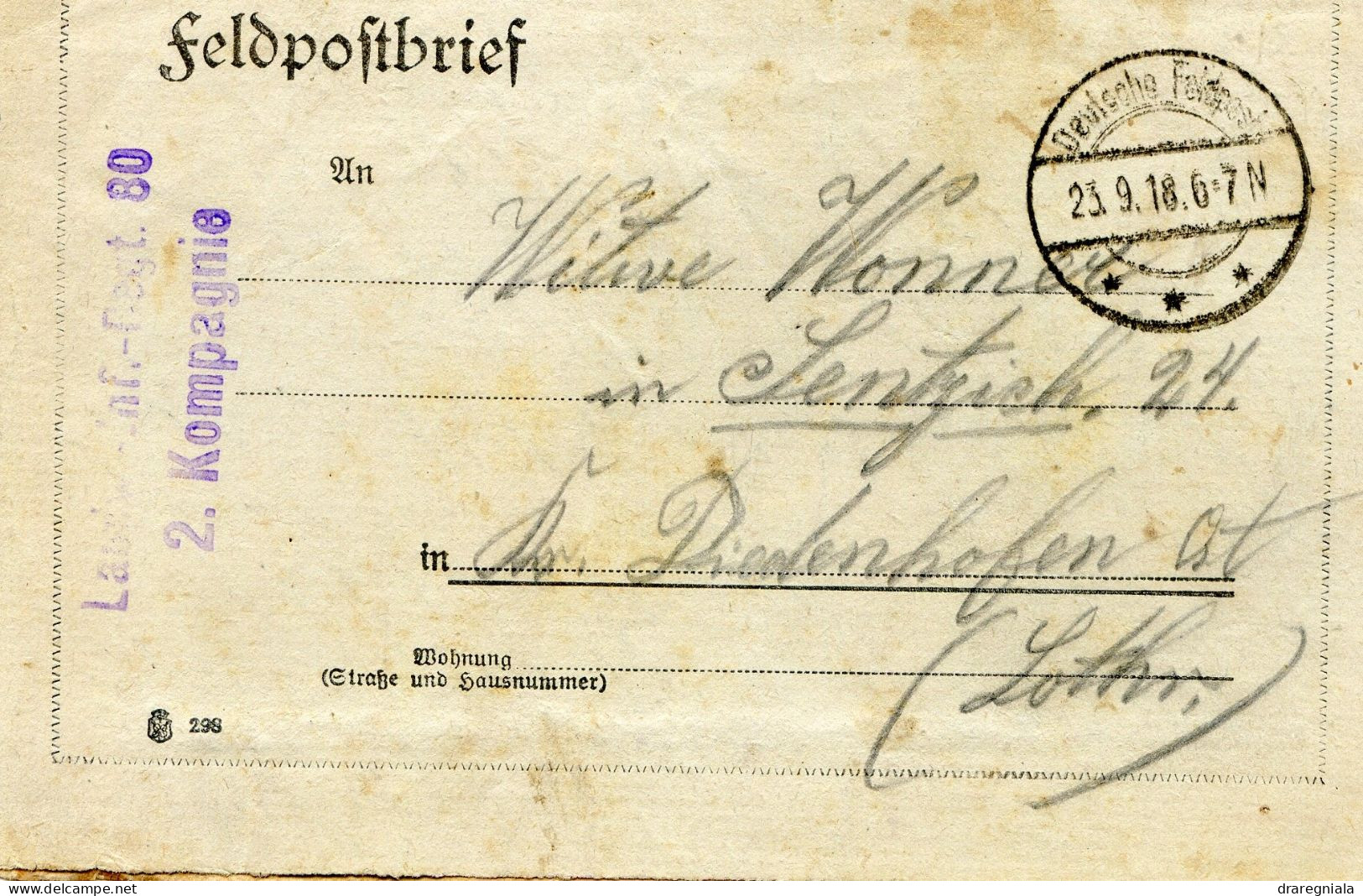 Deutsche Feldpost 23 9 18 - Feldpostbrief - Diedenhofen - Thionville - Feldpost (franqueo Gratis)