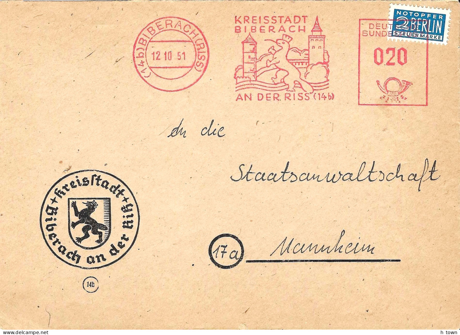 415  Castor: Ema D'Allemagne, 1951 - Beaver Meter Stamp From Biberach, Germany - Nager