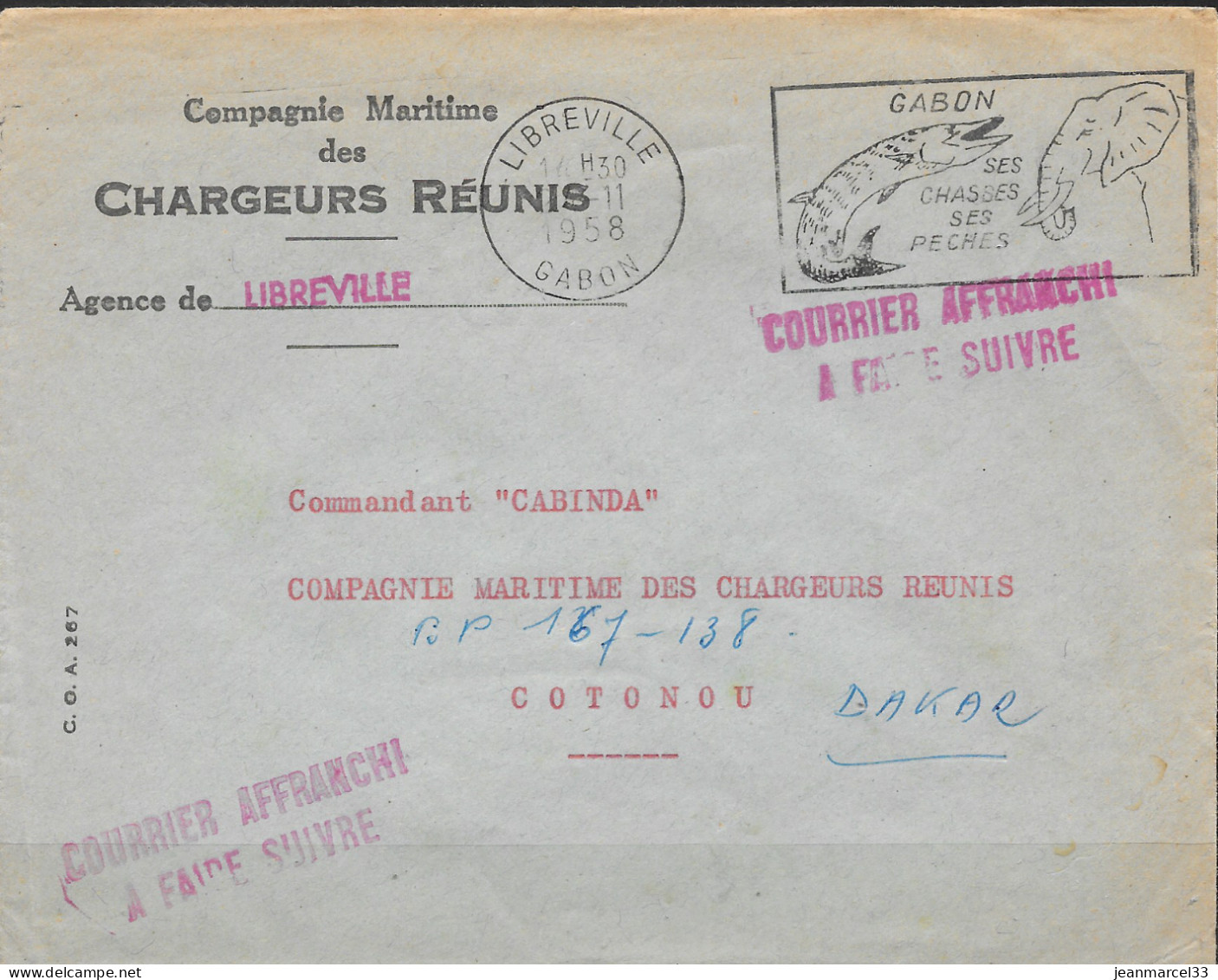 Faune Sauvage " éléphants " Secap Illustrée O= De Libreville Gabon 23-11 1958 Courrier Affranchi Par La Cie - Eléphants
