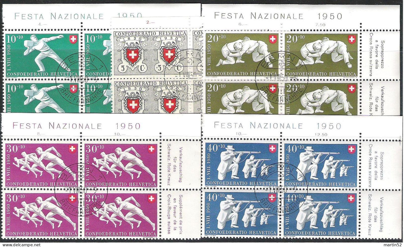 Schweiz Suisse Pro Patria 1950: Zu WII 46-50 Mi 545-549 Yv 497-501 Im Eckrand-Block Mit ⊙ BERN 1.VIII.50 (Zu CHF 300.00) - Usados