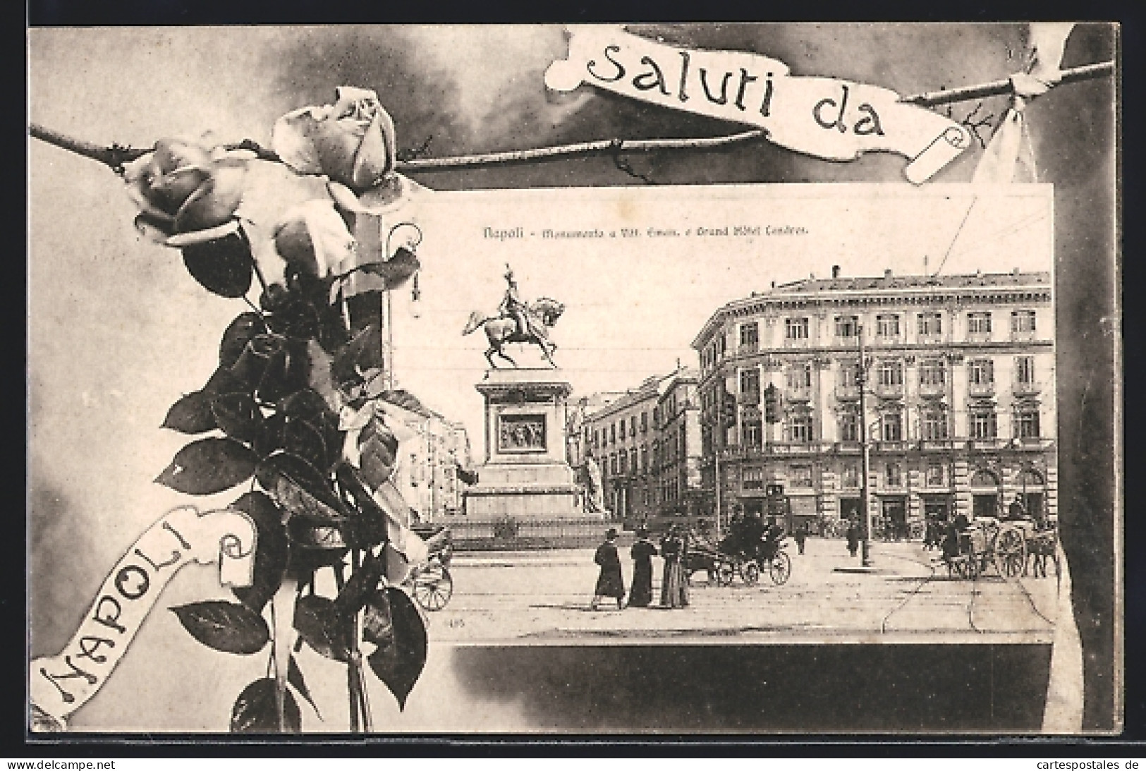 Cartolina Napoli, Monumento A Vittorio Emanuele E Grand Hotel Londres  - Napoli