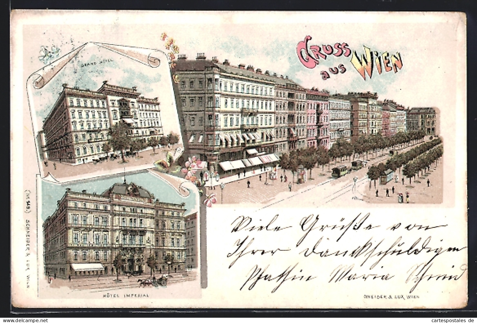 Lithographie Wien, Grand Hotel, Hotel Imperial, Pferdebahnen  - Other & Unclassified