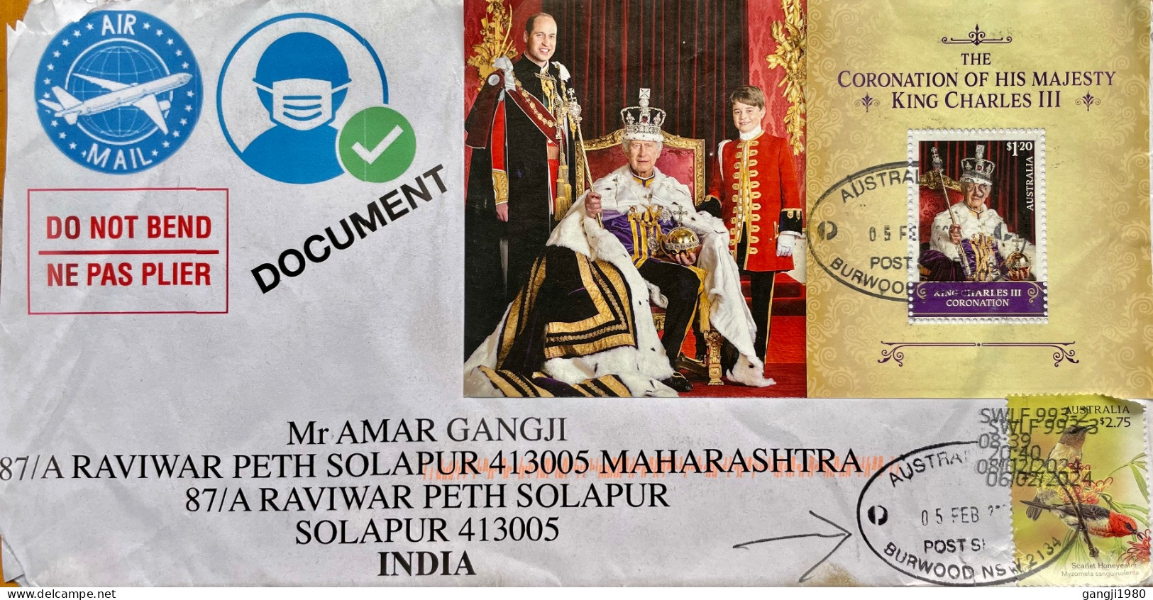 AUSTRALIA 2024, COVER USED TO INDIA, CORONATION OF KING CHARLES, MINIATURE SHEET, BIRD 2.25$ STAMP, BURWOOD CITY CANCEL - Andere & Zonder Classificatie