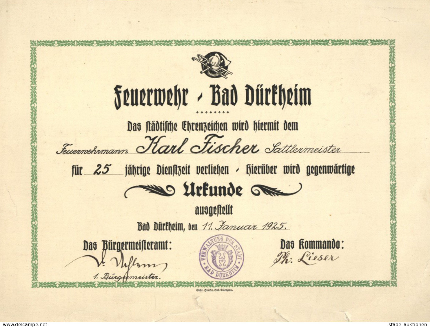 Feuerwehr Urkunde Der Feuerwehr Bad Dürkheim Vom 11. Januar 1925 II Pompiers - Firemen