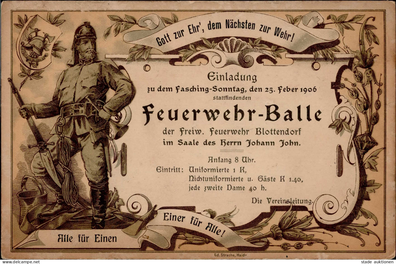 Feuerwehr Blottendorf Karneval Einladung Zum Feuerwehr-Ball 1906 I-II (keine AK-Einteilung) Pompiers - Pompieri