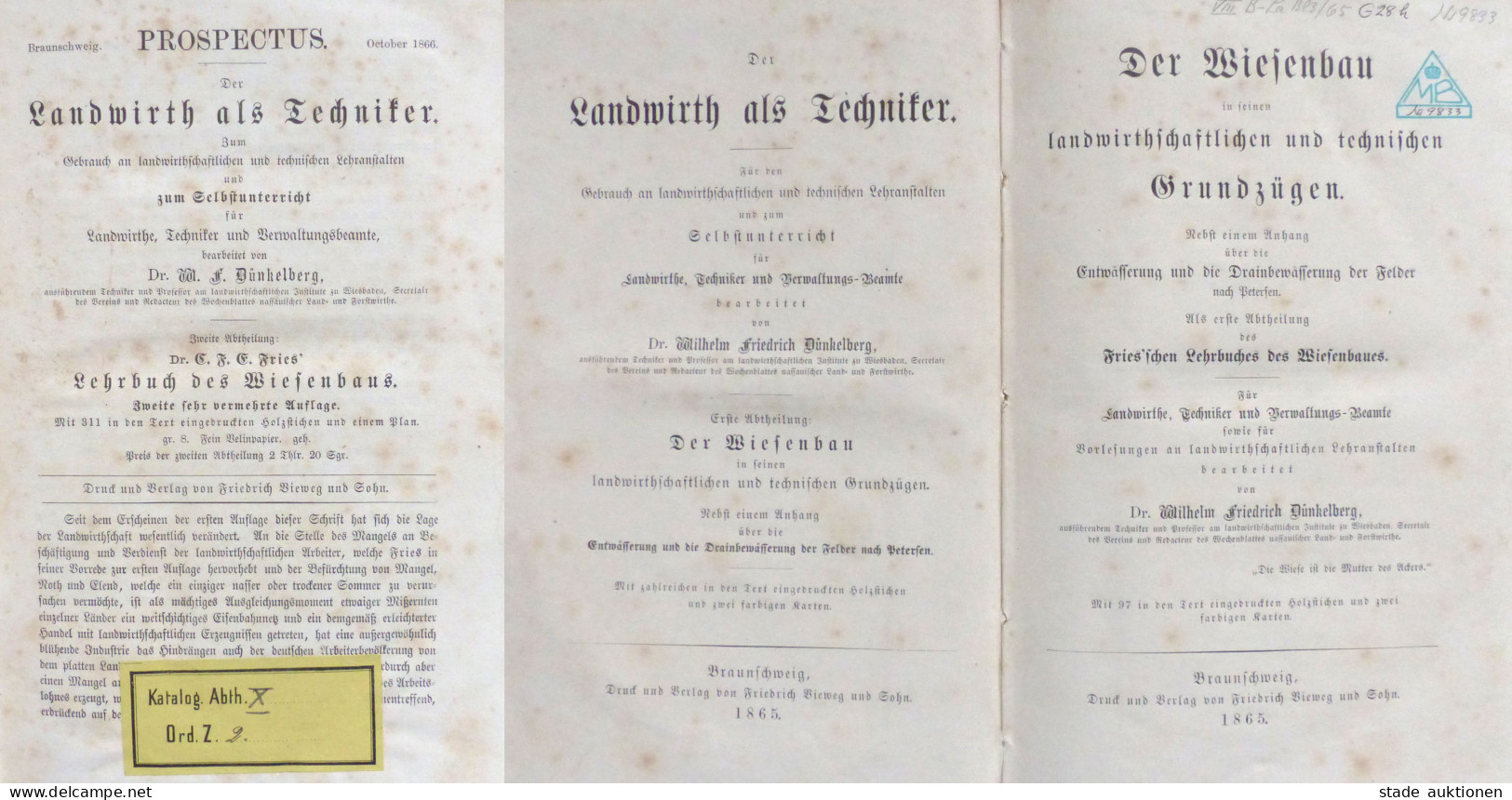 Landwirtschaft 2 Bücher Landwirth Als Techniker Und Der Wiesenbau Vom Dünkelberg, Wilhelm 1865, Verlag Vieweg Braunschwe - Other & Unclassified