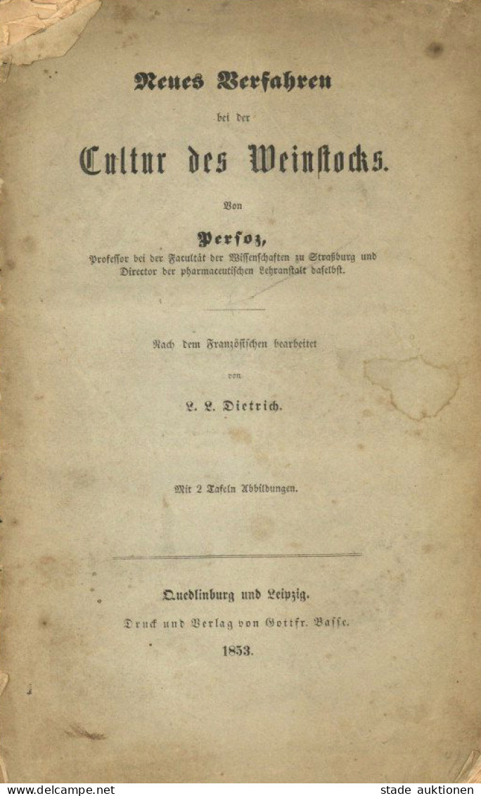 Wein Broschüre Neues Verfahren Bei Der Cultur Des Weinstocks Von Prof. Persoz, J. 1853, Verlag Basse Quedlinburg, 34 S.  - Otros & Sin Clasificación