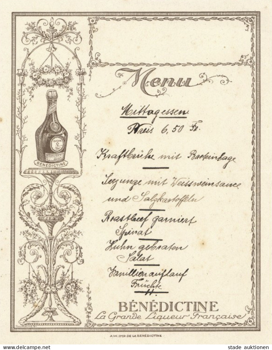 Wein Menukarte Benedictine La Grande Liquer Francaise 1892 I-II Vigne - Sonstige & Ohne Zuordnung