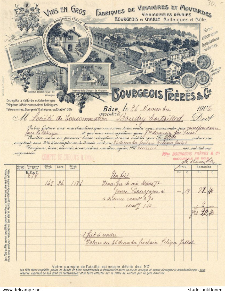 Wein Rechnung Bourgeois Frères & Cie. In Bole (Neuchatel) 26.11.1906 II Vigne - Other & Unclassified