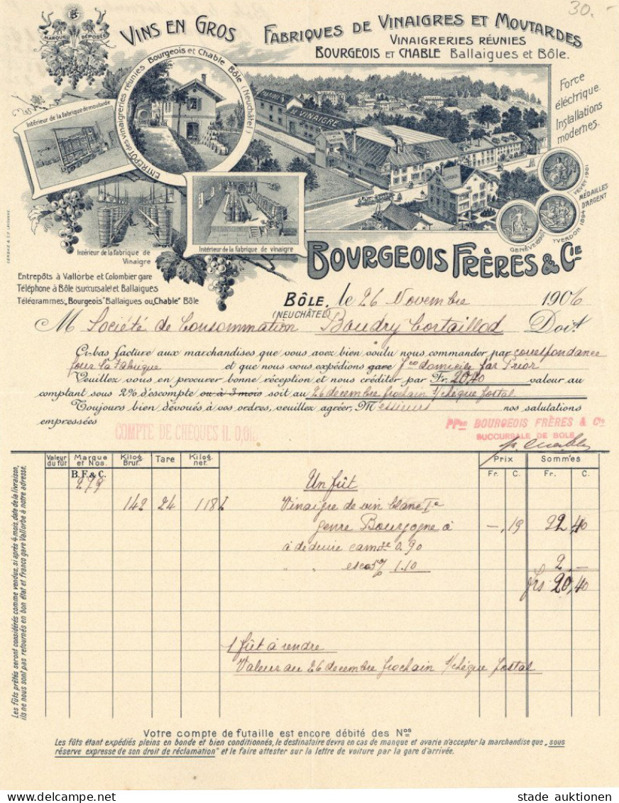 Wein Rechnung Bourgeois Frères & Cie. In Bole (Neuchatel) 26.11.1906 II Vigne - Otros & Sin Clasificación