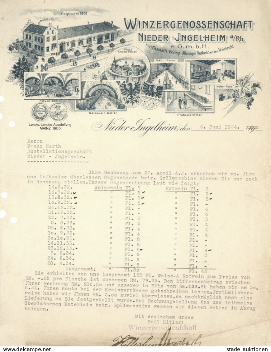 Wein Rechnung Der Winzergenossenschaft Nieder-Ingelheim Am Rhein 1934 II Vigne - Sonstige & Ohne Zuordnung