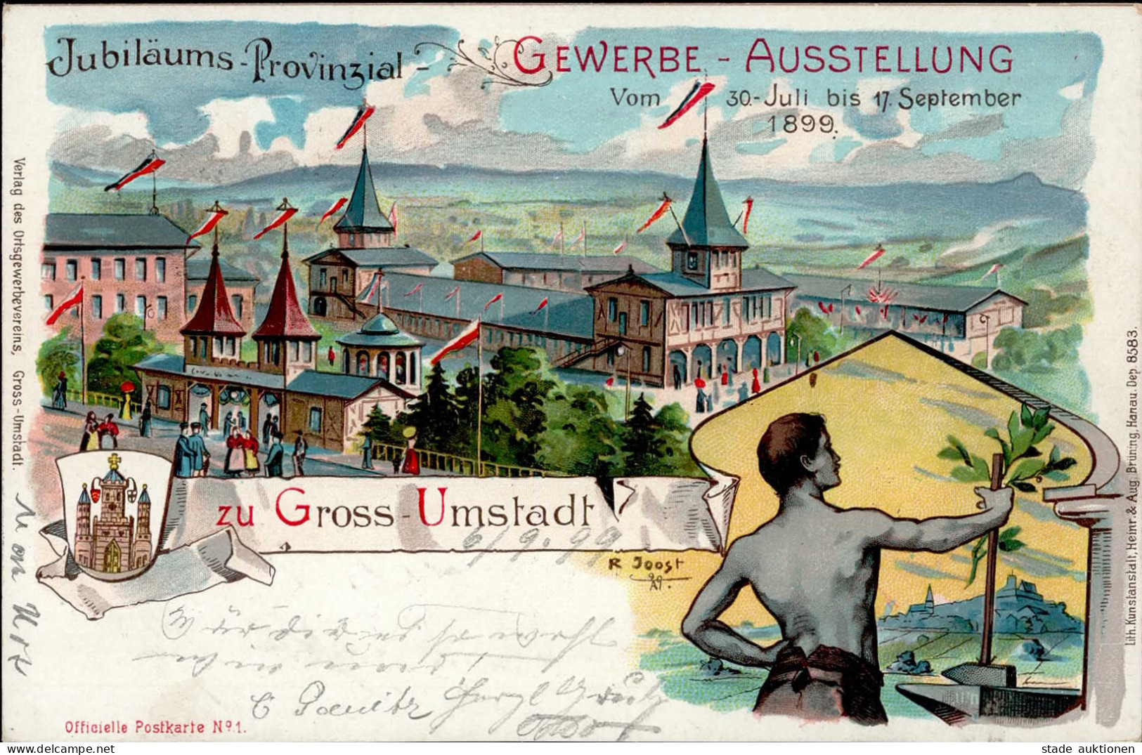 GROSS-UMSTADT - Jubiläums-Provinzial-GEWERBE-AUSSTELLUNG 1899 Künstlerlitho Sign. R.Joost I - Ausstellungen