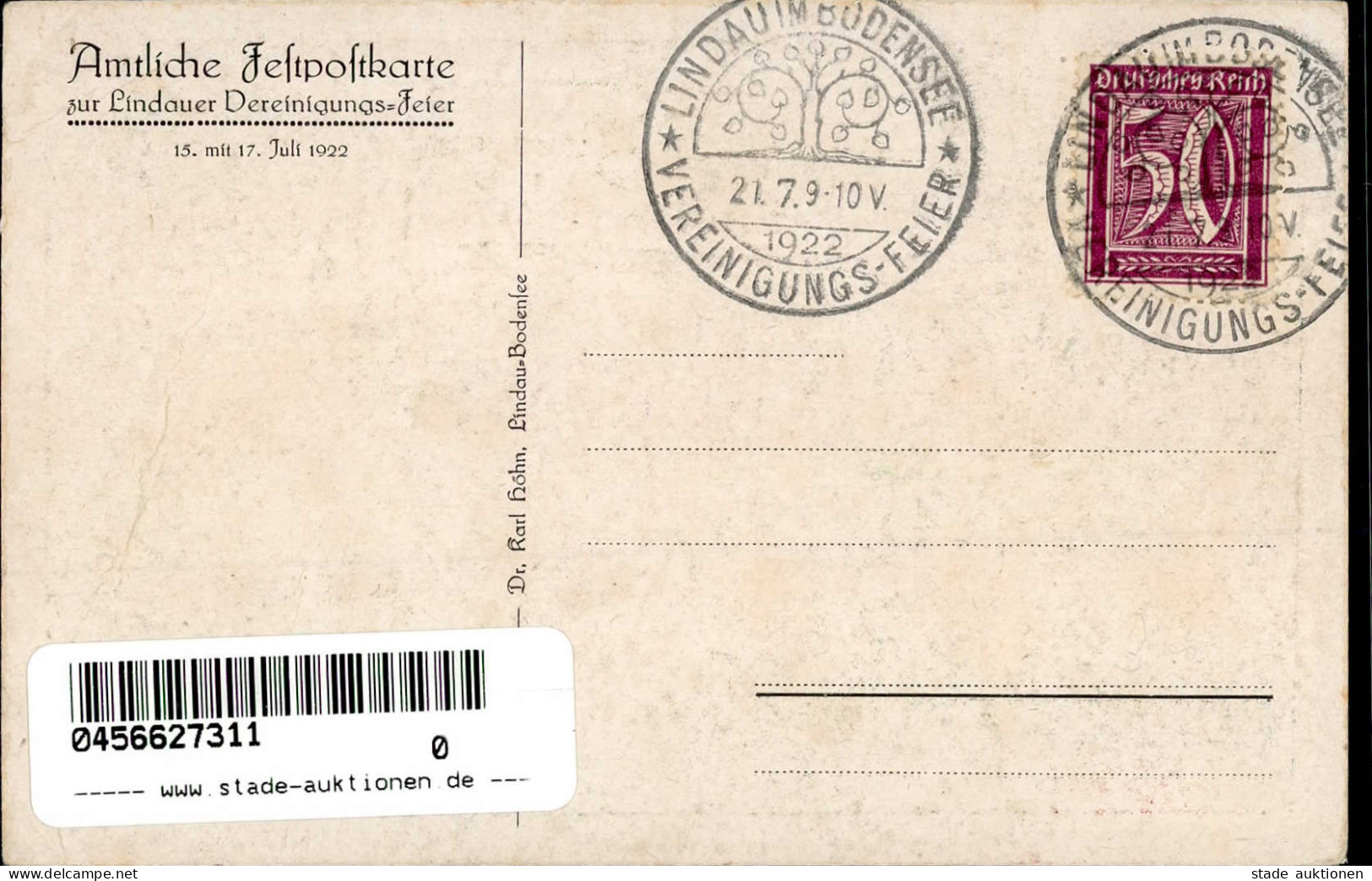 LINDAU,Bodensee - Festpostkarte Mit Klarem S-o VEREINIGUNGSFEIER 21.7.1922 I-II - Ausstellungen