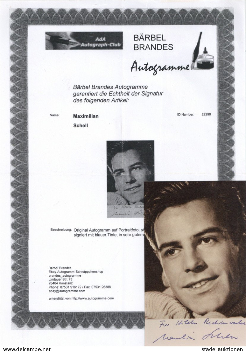 Autograph/Autogramme Portraitfoto 9x14 Cm Schell, Maximilian Mit Original-Unterschrift Und Echtheitszertifikat Von Brand - Other & Unclassified