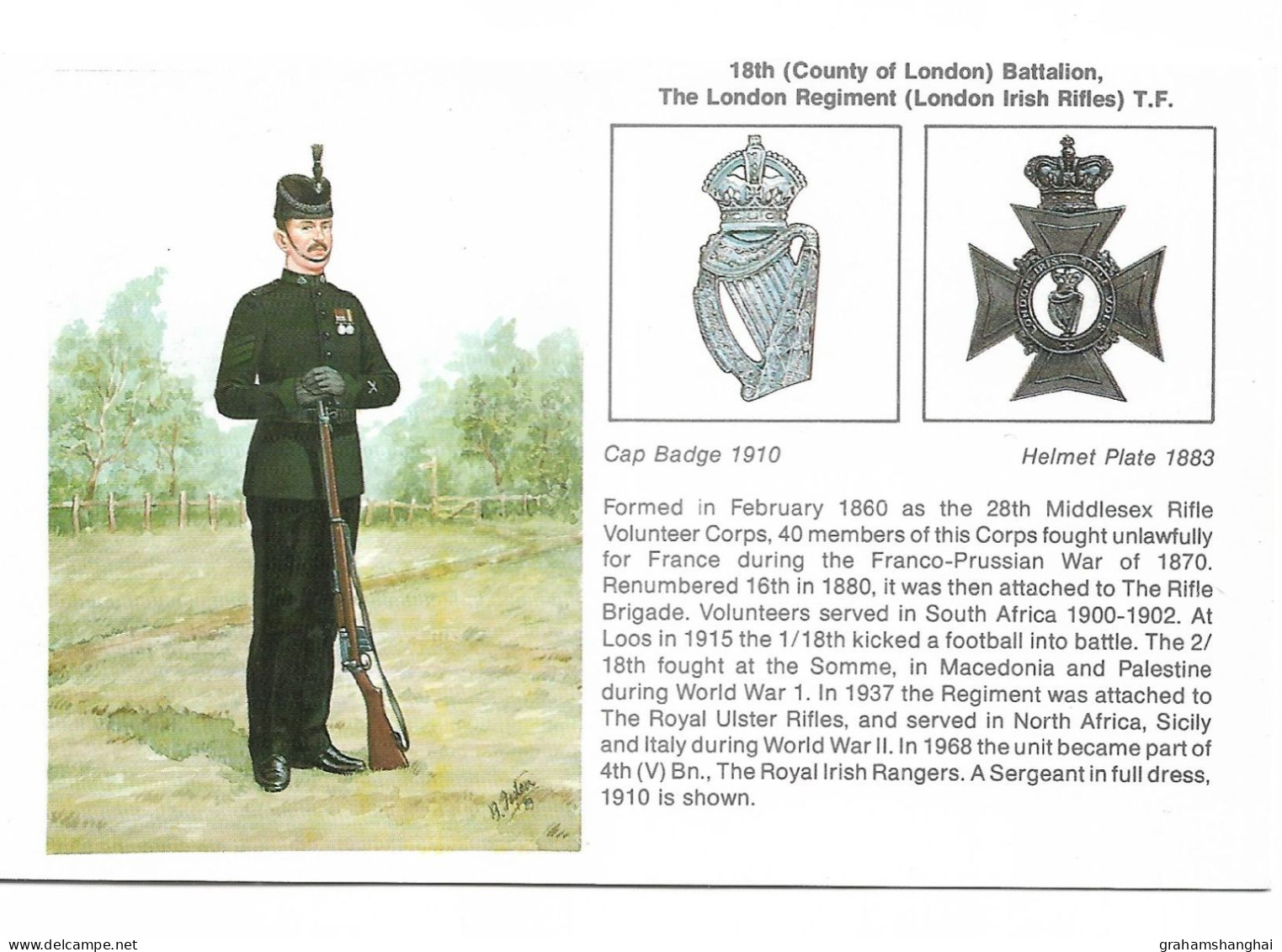 Postcard British Army 18th (County Of London) Battalion The London Regiment (London Irish Rifles) Bryan Fosten Unposted - Régiments