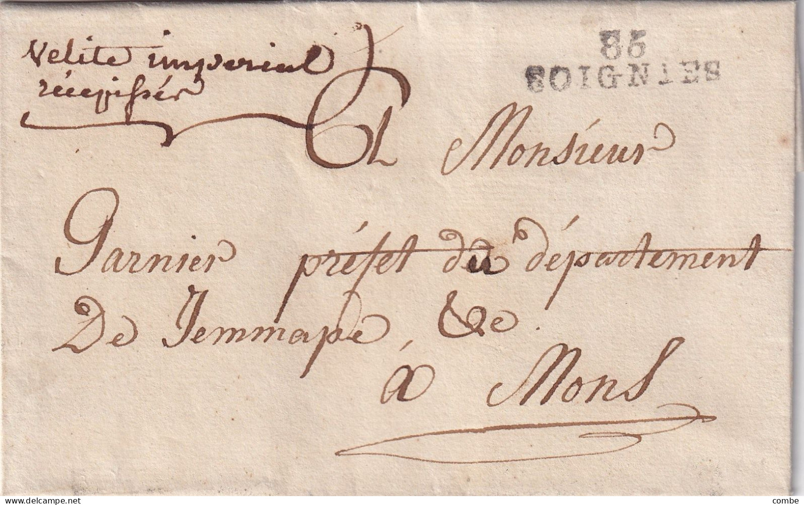 LETTRE. 10 FRUCTIDOR AN 12. JEMAPPES. 86/SOIGNIES POUR PREFET A MONS. RECEPISSE DE LA PENSION CHASSEUR A PIED GARDE IMPE - 1792-1815: Veroverde Departementen