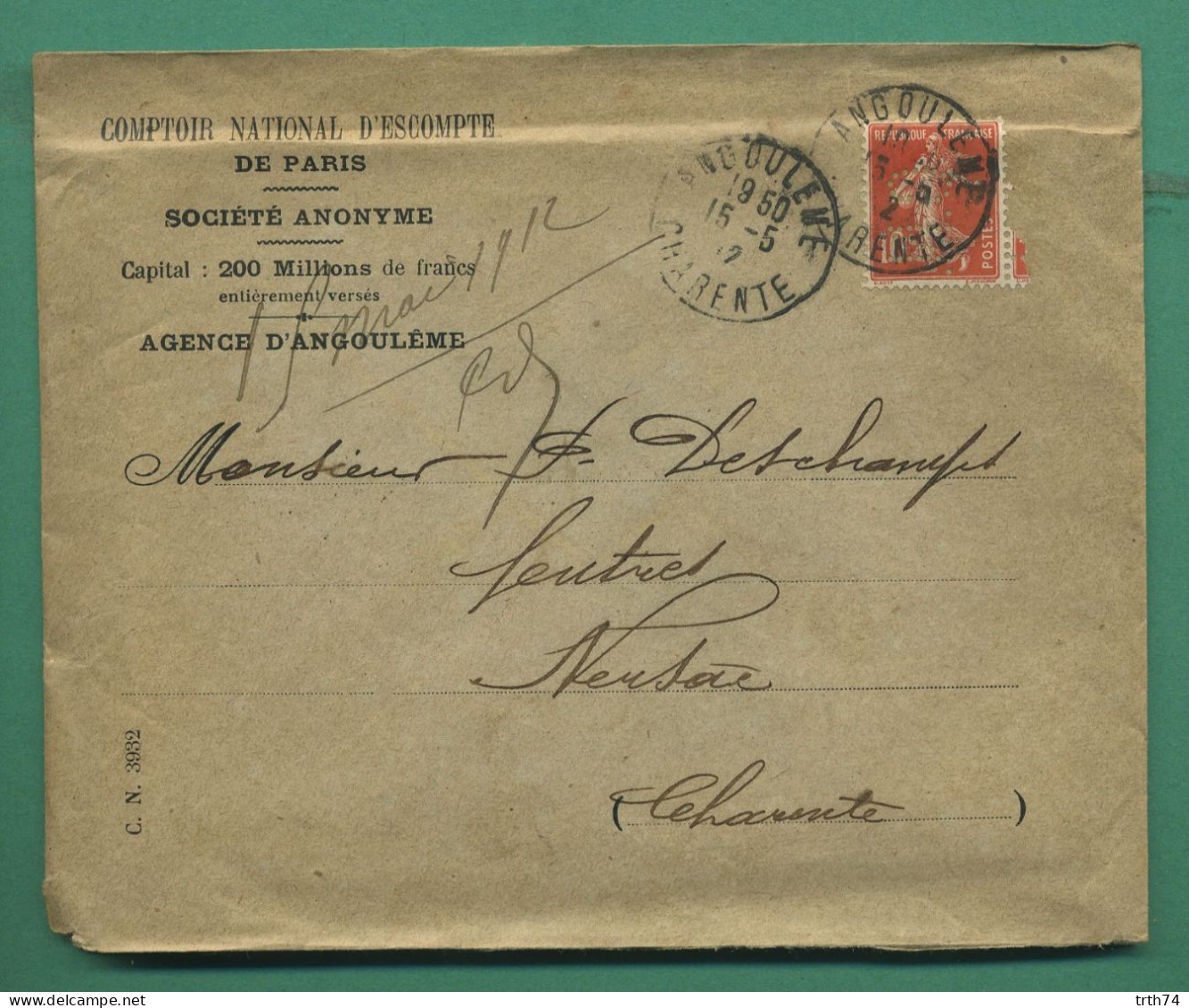 Semeuse 10 C Perforé CN Sur Lettre Entête Comptoir National D' Escompte Agence D' Angoulême Cachet Angoulême 15 05 1912 - Storia Postale