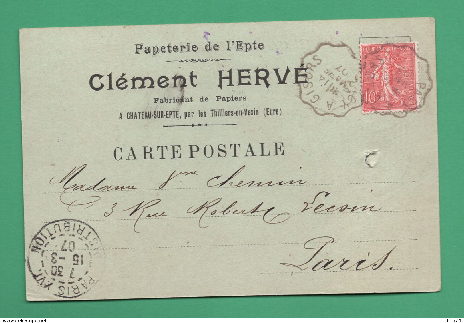 Cachet Convoyeur Pacy à Gisors 27 ( Eure ) Château Sur Epte Par Thilliers En Vexin Hervé Clément Papeterie 1907 - Handstempels
