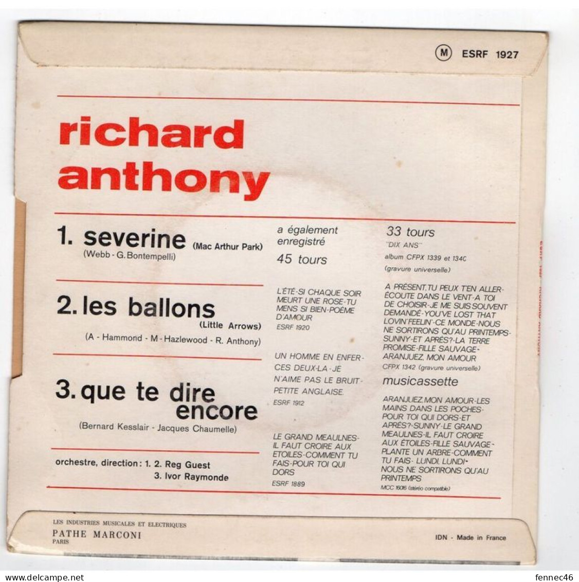 * Vinyle  45T (4 Titres) - Richard Anthony - Les Ballons - Que Te Dire Encore - Séverine - Otros - Canción Francesa