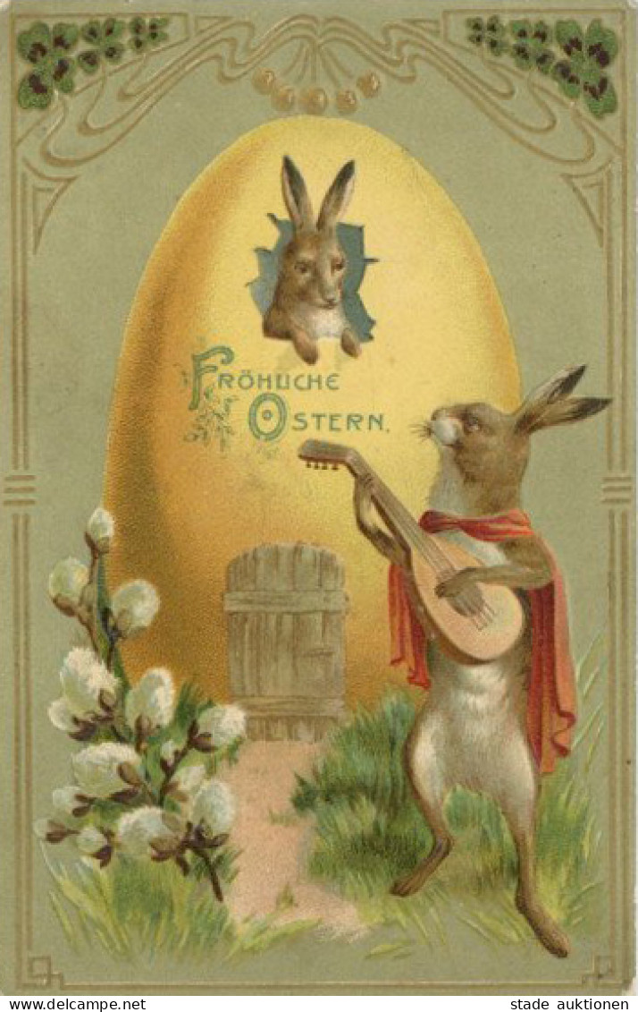 Ostern Hase Musizierend Prägekarte II (Marke Entfernt, Ecken Gestossen) Paques - Easter