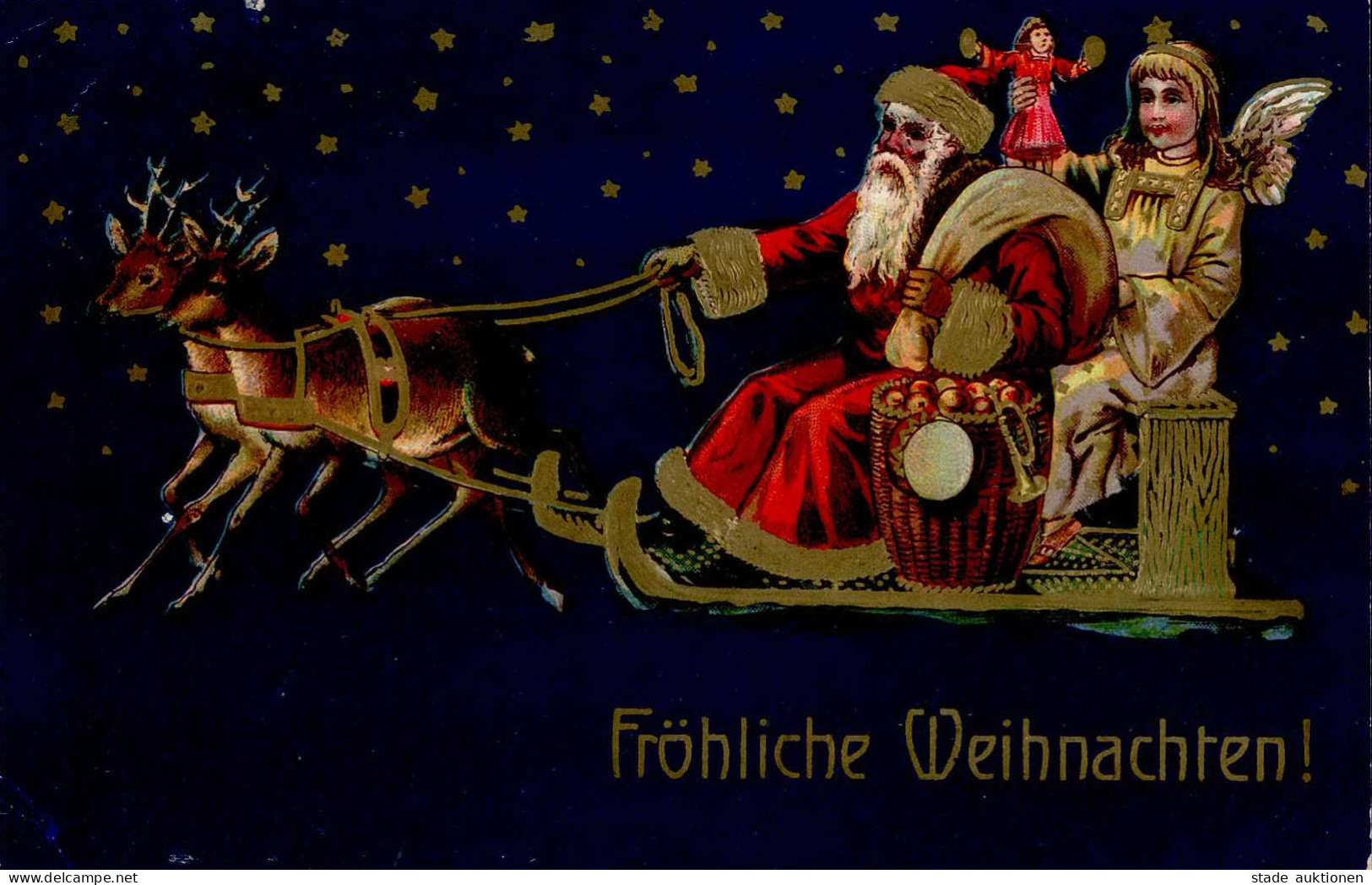 Weihnachtsmann Engel Schlitten Prägekarte I-II (kl. Eckbug, RS Klebereste) Pere Noel Ange - Other & Unclassified