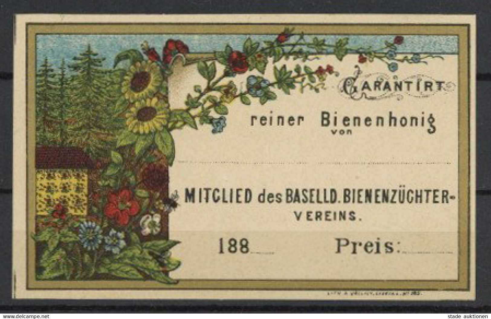 Imkerei Basel Landschaft Original-Etikett Bienenhonig Eines Mitgliedes Des Baselländischen Bienenzüchtervereins Um 1880  - Autres & Non Classés