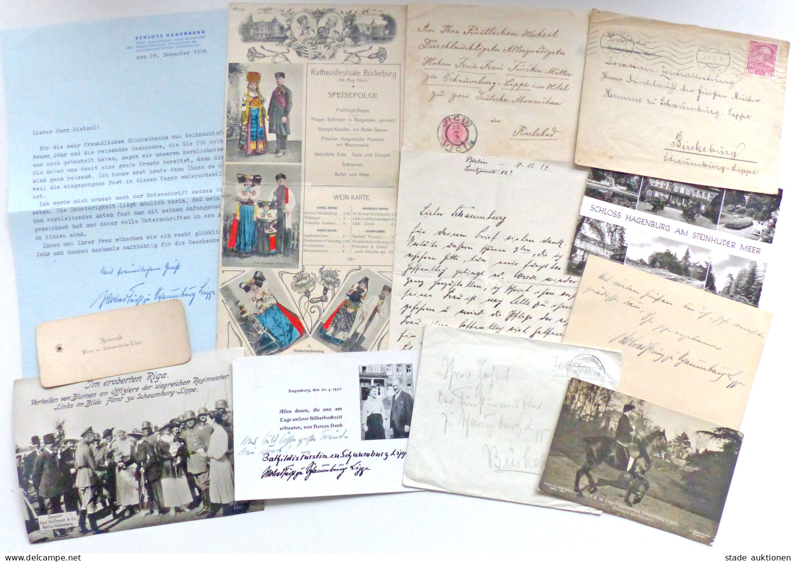 Adel Schaumburg-Lippe Lot Mit 4 Autographen, Briefen, Briefumschlägen, Postkarten, Visitenkarte Und Speisekarte Aus Dem  - Königshäuser