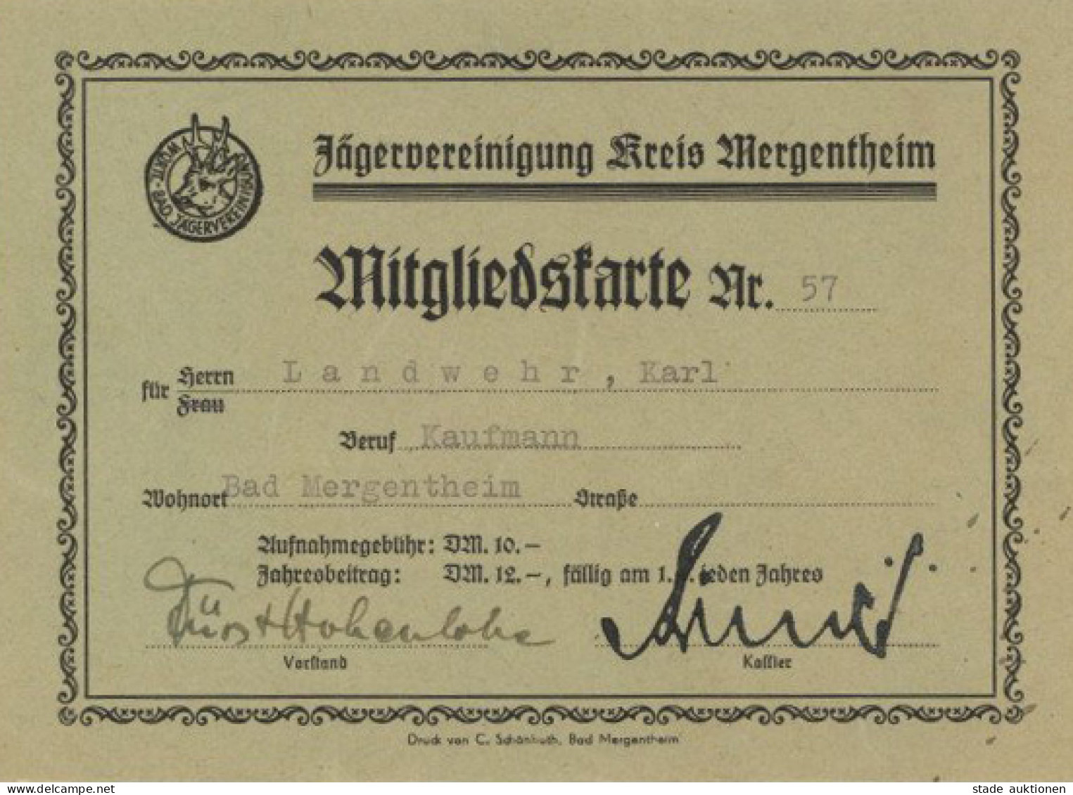 Jagd Bad Mergentheim Mitgliedskarte Jägervereinigung Mit UNTERSCHRIFT Fürst Hohenlohe Und Beitragsmarken 1952-1967 Chass - Koninklijke Families