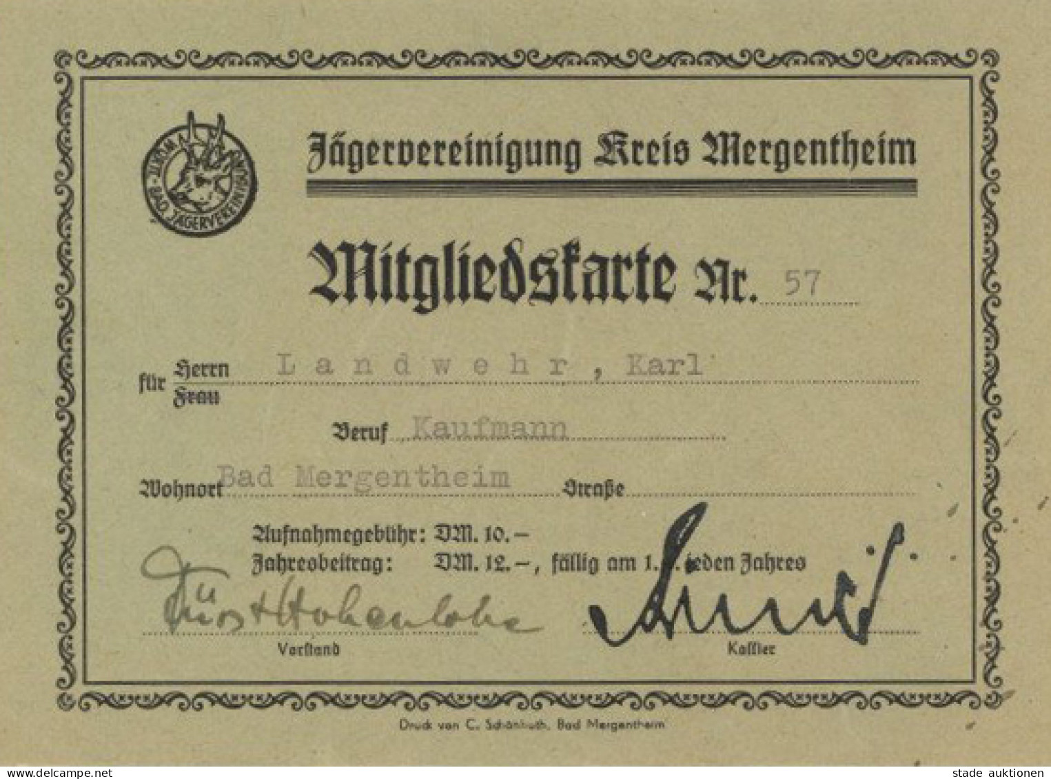 Jagd Bad Mergentheim Mitgliedskarte Jägervereinigung Mit UNTERSCHRIFT Fürst Hohenlohe Und Beitragsmarken 1952-1967 Chass - Familles Royales