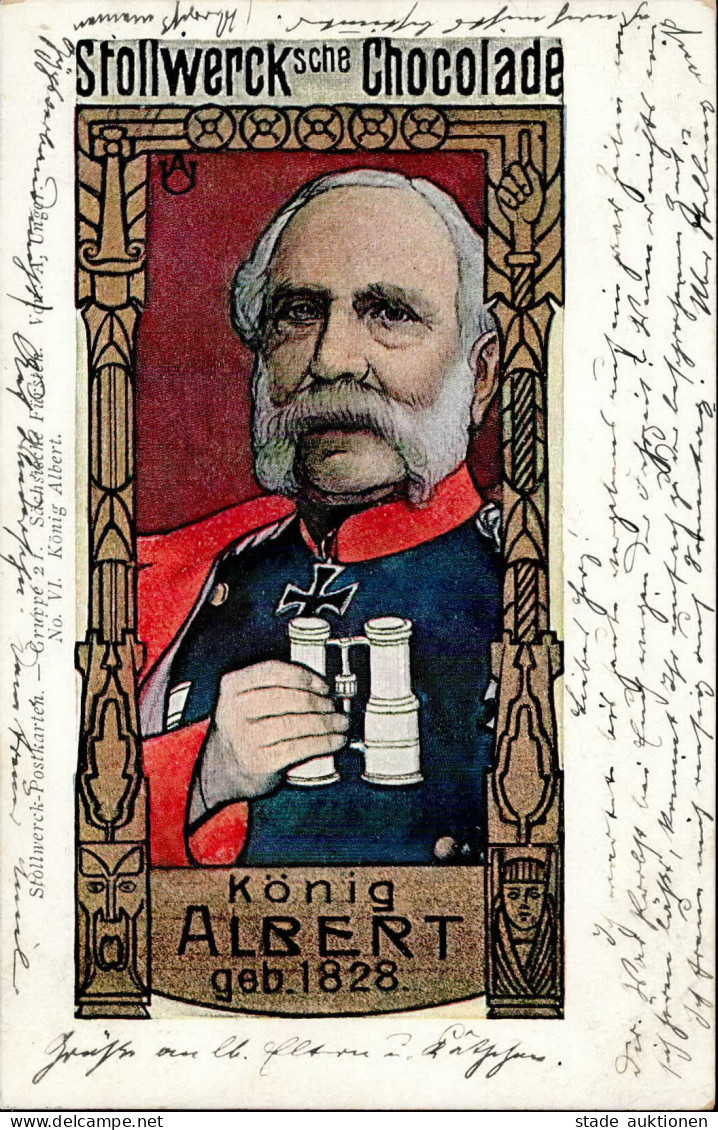Adel Sachsen König Albert Werbe-Karte Stollwercksche Chocolade I-II - Royal Families