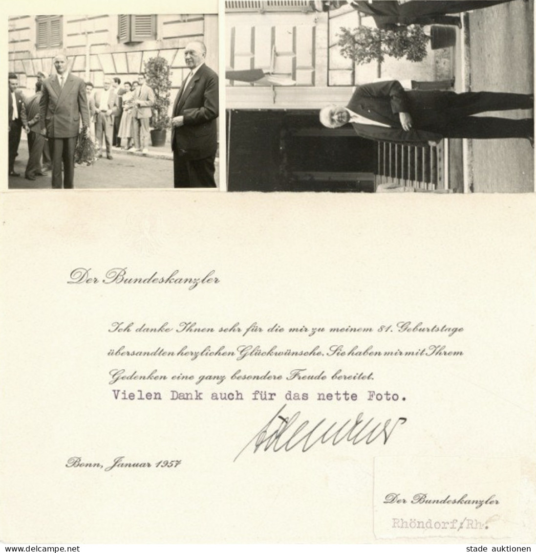 Politik Kl. Lot Bundeskanzler Adenauer Dankeskarte Zum 81. Geburtstag Mit Original-Unterschrift Und 2 Fotos - Unclassified