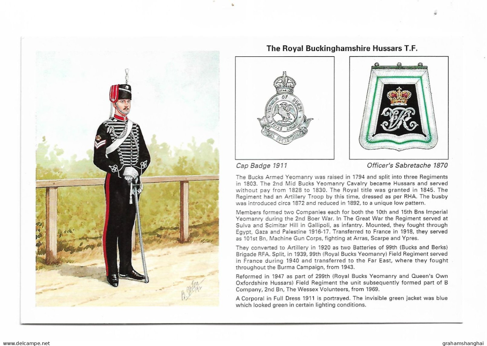 Postcard British Army The Royal Buckinghamshire Hussars Cavalry Soldier Uniform Bryan Fosten Unposted - Regiments