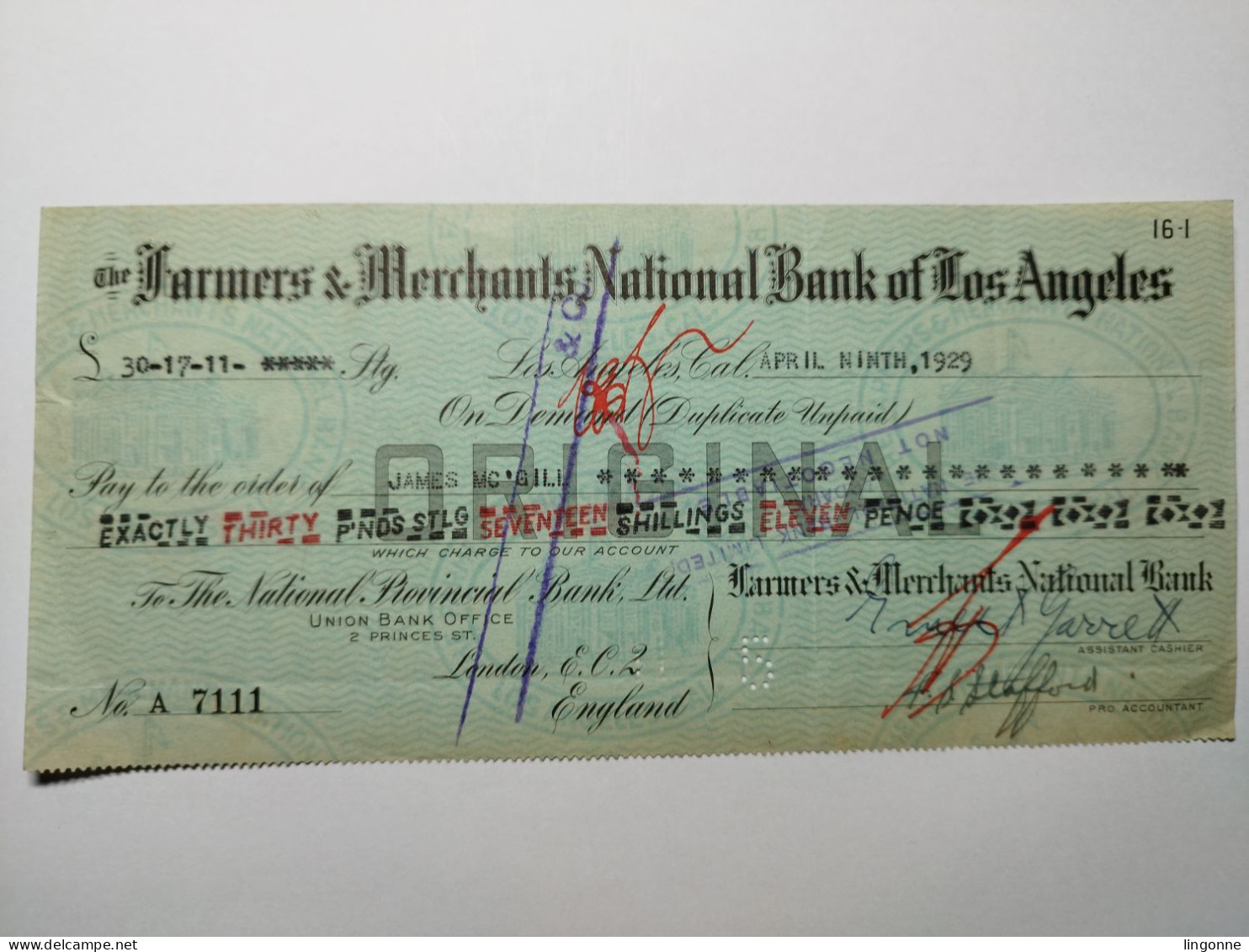1929 The FARMERS & MERCHANTS NATIONAL BANK OF LOS ANGELES To The National Provincial Bank - EIRE 2 - Estados Unidos