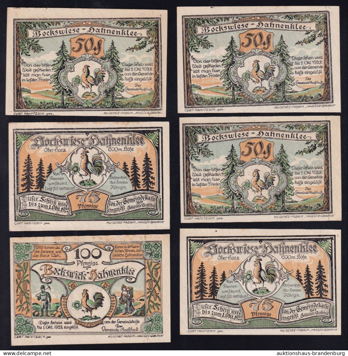 6x Bockswiese Hahnenklee: 3x 50 Pfg., 2x 75 + 100 Pfennig  1922 - [11] Emissions Locales