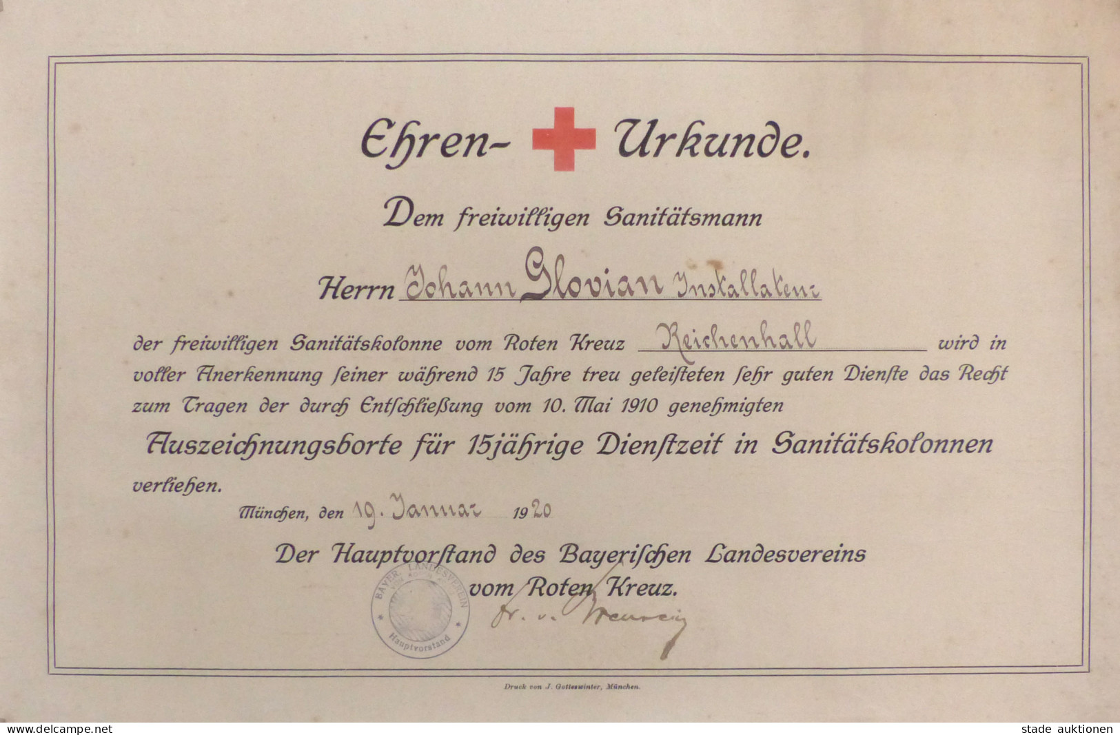 Rotes Kreuz Ehren-Urkunde (26x40 Cm) München 1920 II - Red Cross