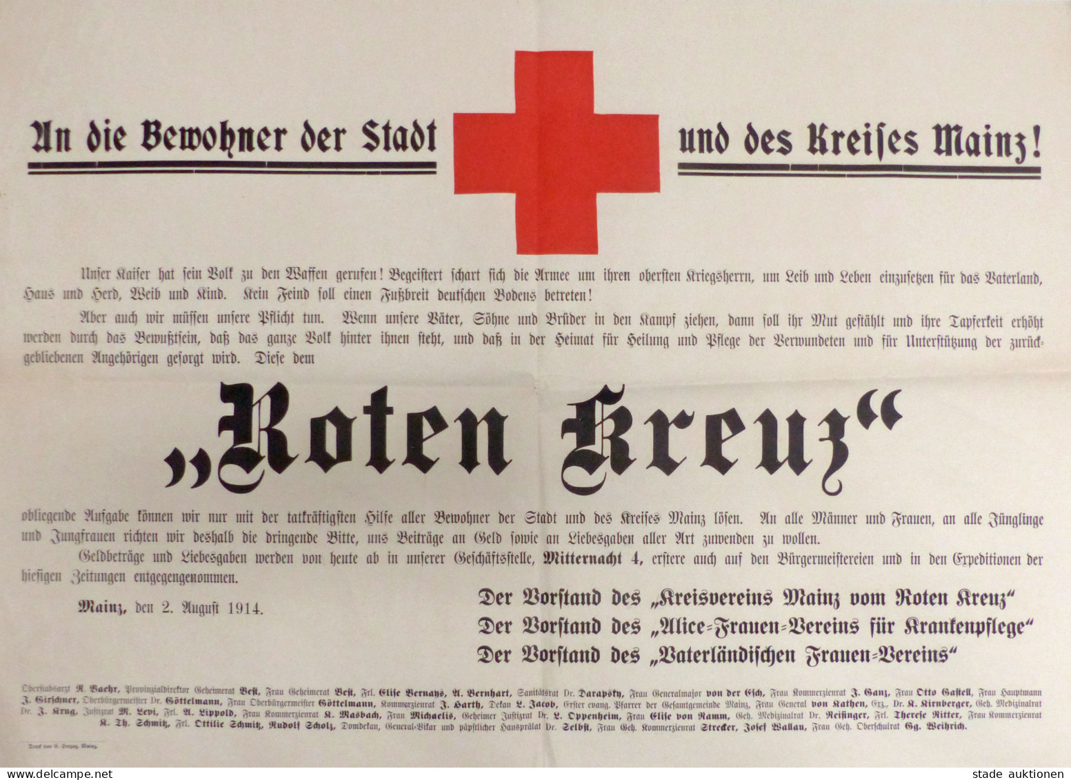 Rotes Kreuz Plakat An Die Bewohner Der Stadt Mainz Vom 02. August 1914 50x70cm - Red Cross