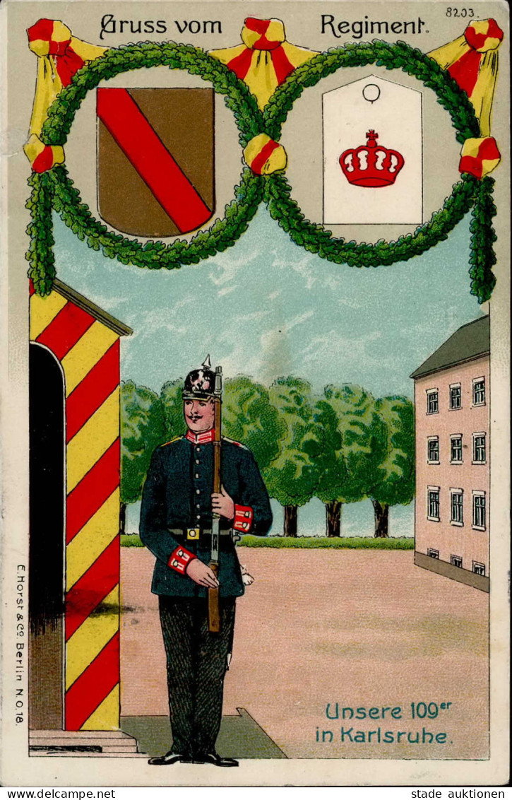 Regiment Karlsruhe 1.Bad. Leib-Grenad.-Regt. Nr. 109 Prägekarte II (Eckbug, Kl. Abschürfung) - Regimente