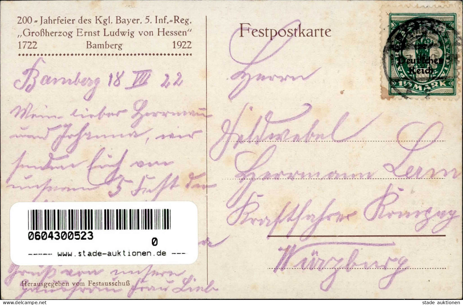 Regiment Bamberg Kgl. Bayer. 5. Inf.-Reg. 200 Jahrfeier 1922 Großherzog Ernst Ludwig Von Hessen I-II - Reggimenti