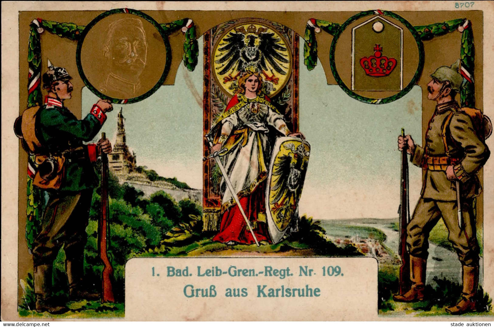 Regiment Karlsruhe 1. Bad. Leib-Gren.-Regt. Nr 109 Mit Präge-Relief II (Eckbug, Fleckig) - Régiments