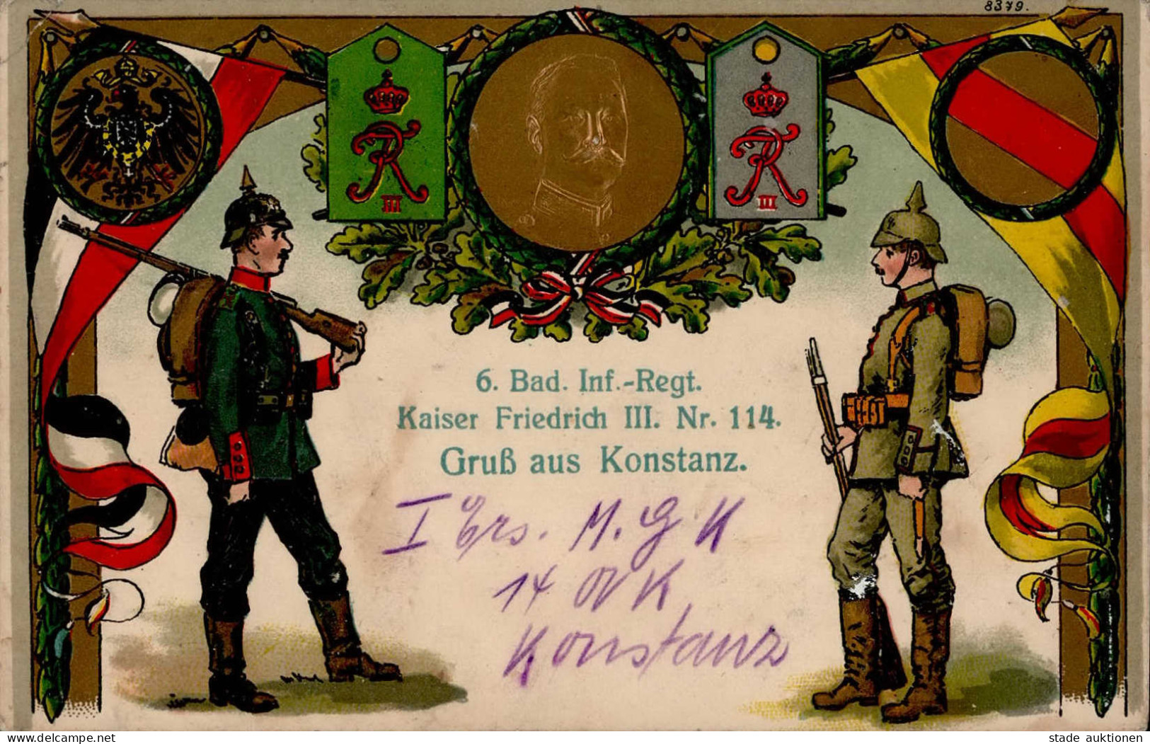 Regiment Konstanz 6. Bad. Inf.-Regt. Kaiser Friedrich III. Nr. 114 Präge-Relief II (Eckbug, Fleckig, Kl. Abschürfung) - Regimientos
