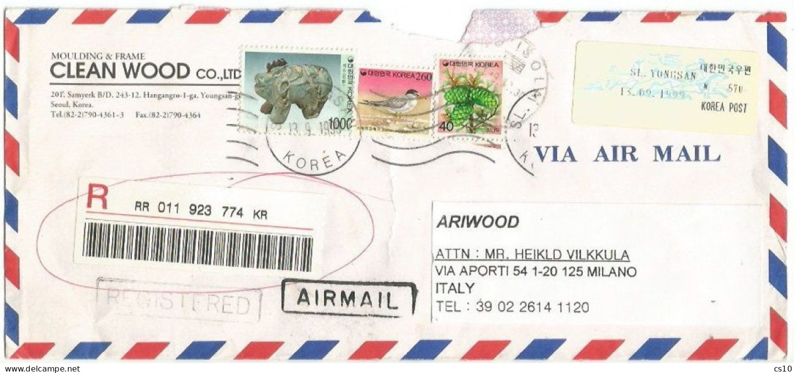 South Korea Registered Commerce Airmail Cover Youngsan 13sep1999 With FRAMA ATM Label 570w + 3 Stamps To Italy - Automatenmarken [ATM]